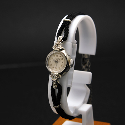 エルジン ダイヤ装飾 10KWG 飛びアラビア数字インデックス レディースウオッチ 分解掃除済み