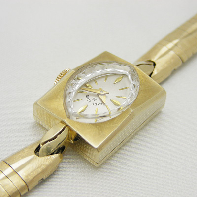 レディー・エルジン スクエアケース＆アーモンドフェイス 14K レディースウオッチ 美品 分解掃除済み