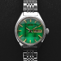 セイコー オートマチック デイデイト メタリックグリーン文字盤 カットガラス レディースウオッチ