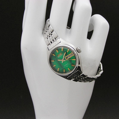 セイコー オートマチック デイデイト メタリックグリーン文字盤 カットガラス レディースウオッチ