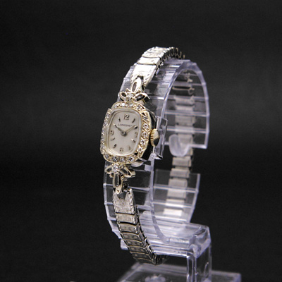 ロンジン ダイヤ装飾 14KWG アンティーク 手巻き レディースウオッチ 分解掃除済み