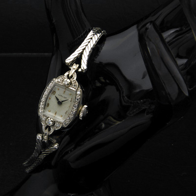 ハミルトン 14KWG ダイヤ装飾 偶数時アップライトインデックス レディースアンティークウオッチ