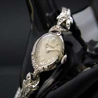 ブローバ ティアドロップ型 14KWG ダイヤ装飾 レディースアンティークウオッチ プリズム風防 分解掃除済み