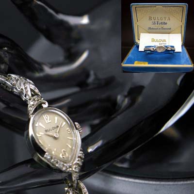 ブローバ ティアドロップ型 14KWG ダイヤ装飾 レディースアンティークウオッチ プリズム風防 分解掃除済み 03