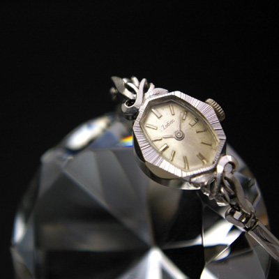 ゾディアック 14Kホワイトゴールド オクタゴナル レディースアンティークウオッチ 分解掃除済み