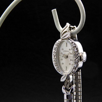 ロンジン ダイヤ装飾 14KWG アンティーク 手巻き レディースウオッチ 市松ブレスレット