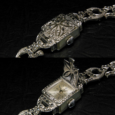 ブッフェラー シルバーケース 石装飾 レディースアンティークウオッチ 分解掃除済み 03