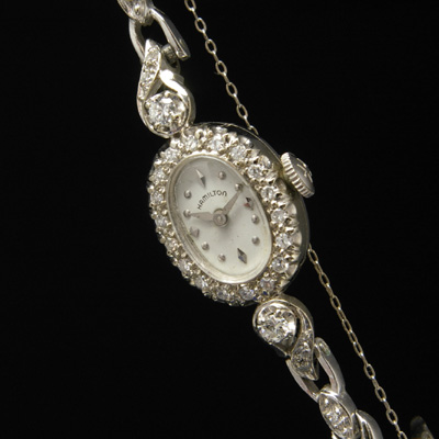 ハミルトン ダイヤ装飾 14KWGケース＆ブレス オーバルシェイプ アンティーク 手巻き レディースウオッチ