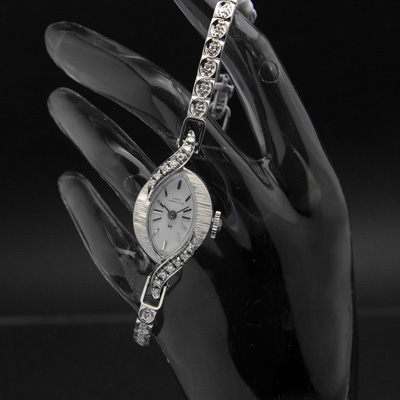 ハミルトン レディーハミルトン ダイヤ装飾 14KWGケース＆ブレス アーモンドシェイプ アンティーク 手巻き レディースウオッチ