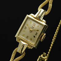 オメガ スクエアフェイス ダイヤ形インデックス 14Kゴールドケース 手巻 レディースアンティークウオッチ 分解掃除済み