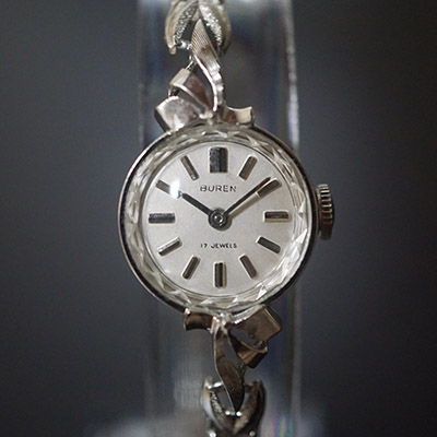 ビューレン ホワイトメタリックダイアル 手巻き エクステンションブレス カットガラス仕様 レディースアンティークウオッチ