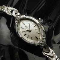 オメガ アーモンドフェイス 14KWG ワンポイントダイヤ装飾 レディースアンティークウオッチ 分解掃除済み