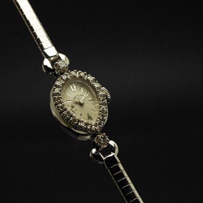 エルジン レディエルジン ダイヤ装飾 14KWG ティアドロップ アンティーク 手巻き レディースウオッチ