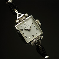 ハミルトン レディーハミルトン ダイヤ装飾 14KWGケース スクエアシェイプ アンティーク レディースウオッチ