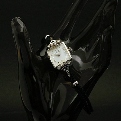 ハミルトン レディーハミルトン ダイヤ装飾 14KWGケース スクエアシェイプ アンティーク レディースウオッチ