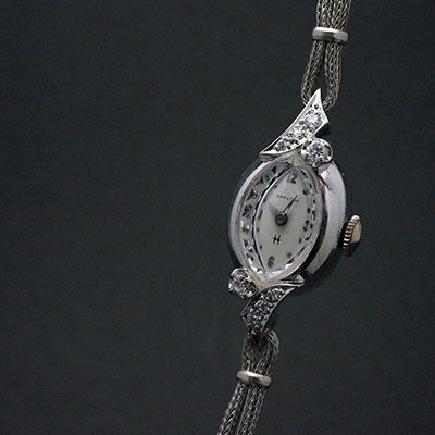 ハミルトン ダイヤ装飾 14KWGケース アーモンドシェイプ アンティーク 手巻き レディースウオッチ